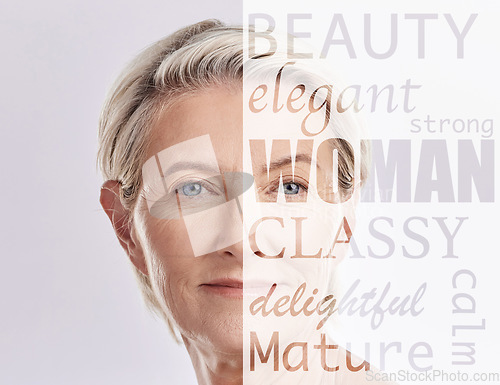 Image of Beauty, skincare and senior woman in text overlay for makeup or cosmetics isolated on white background. Empowerment, portrait and face of elderly model or person in self love collage or mockup space