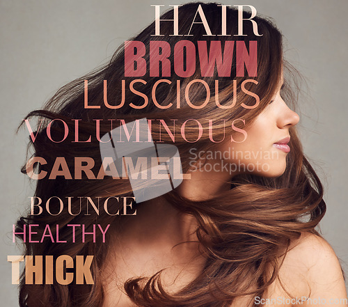 Image of Hair words overlay, beauty and woman with hairstyle care and letter collage for hair salon. Motivation word, gray background and studio with a beautiful young model with text about dye treatment