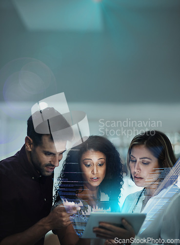 Image of Tech hologram, futuristic overlay and tablet with statistics and investment team planning. Finance hologram, analytics and information technology with employee group working on collaboration