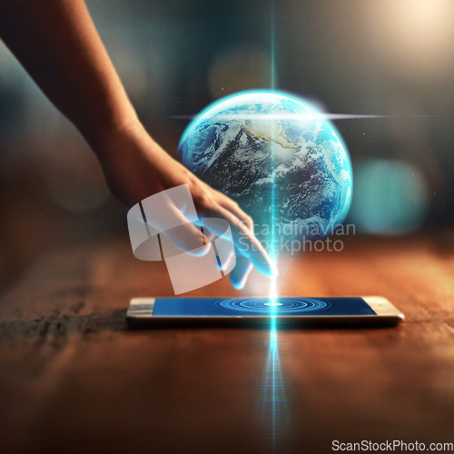 Image of Hand, phone and earth hologram for global communication, information technology or internet networking. Future, ai or globe with a woman touching a mobile for futuristic cloud computing on a data app