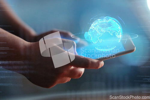 Image of Futuristic, hologram and hands with smartphone, connection and global networking for communication or overlay. Future, zoom or holographic with phone, website or search internet for online innovation