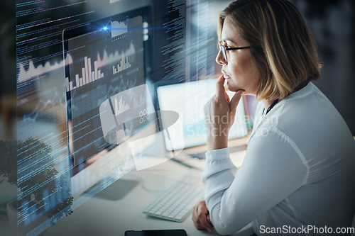 Image of Data analytics, computer screen and woman in night for stock market research, graphs and chart analysis. Trading app, digital overlay and software information technology of business person thinking