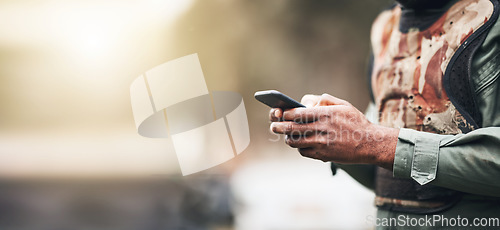 Image of Social media, chat and hands of a man with a phone in nature for communication and 5g connection. Mockup, space and person typing on a mobile for conversation, internet and research on the web