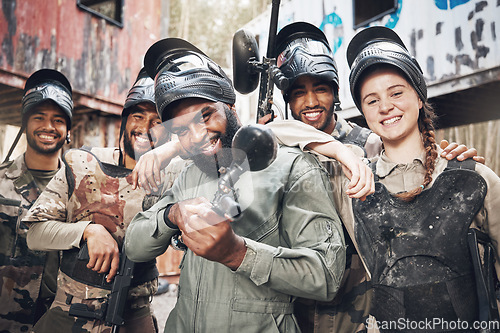 Image of Portrait, diversity and military group with paintball gun for training, fun or extreme sports, happy and excited. Army, people and sport team smile, bond and ready for target practice, game or cardio