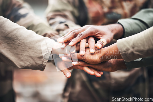 Image of Hands, team and solidarity with people and collaboration, mission and paintball game strategy with support. Teamwork, motivation and community with trust, respect with goals and ready for battle