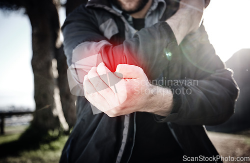 Image of Hands, elbow pain and arm injury after fall, accident or mistake outdoors. Sports, fitness or man with fibromyalgia, arthritis or inflammation, broken bones or painful joint after workout or exercise