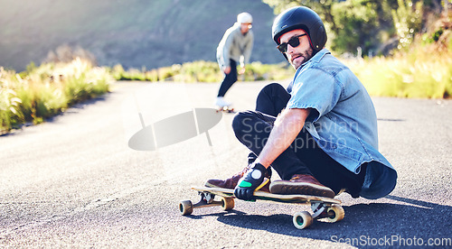 Image of Road, skateboard sports and man skating for fitness, exercise and wellness. Training, sunglasses and male skater sitting on board, skateboarding and riding for action stunt, exercising or workout.