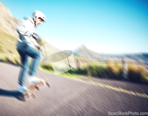 Image of Blurred, fast and man skateboarding in the street for fitness, training and exercise in Brazil. Sport, speed and person doing tricks on a skateboard in the road for urban action, movement and balance