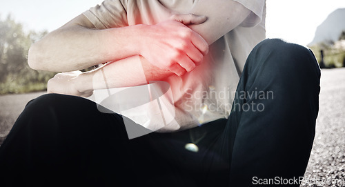 Image of Hands, pain or man with arm injury on road after fall, accident or exercise workout outdoors. Sports, fitness or male with elbow fibromyalgia, arthritis or inflammation, broken bones or painful joint