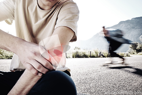 Image of Pain, hands or man with arm injury on road after fall, accident or exercise workout outdoors. Sports, fitness or male with elbow fibromyalgia, arthritis or inflammation, broken bones or painful joint