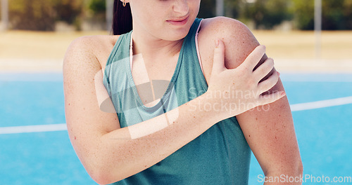 Image of Fitness injury, shoulder and woman with pain while training, exercise burnout and medical accident. Strain, painful and uncomfortable athlete with an emergency after running, inflammation and hurt