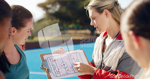 Image of Planning, team and coach with a strategy for hockey, training plan and education on a game. Learning, coaching and woman teaching an idea for a sport competition on paper to girls on a court