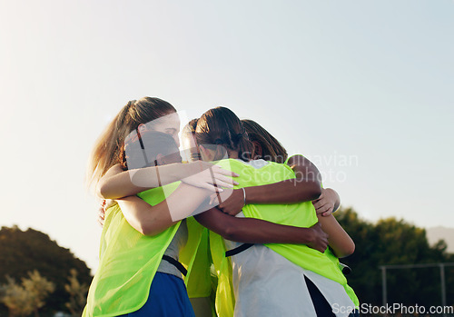 Image of Support, hug and team huddling for hockey, game motivation and sports on a field in Australia. Team building, planning and athlete girls with a circle huddle for teamwork, training and sport