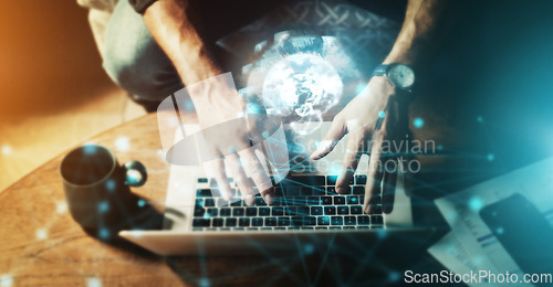 Image of Hands, laptop and digital marketing, networking or global cybersecurity for trading, IoT or future technology at desk. Hand of person typing on computer above for online search, big data or fintech