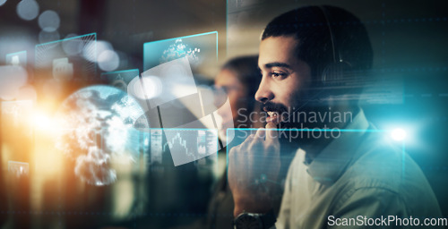 Image of Overlay, futuristic and man in call center, hologram and talking for telemarketing, communication and connection. Future, male consultant and employee with holographic, focus and global networking