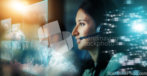 Image of Call center, digital hologram and woman in night communication, telemarketing and global networking sales. Virtual consultant, agent or telecom person with futuristic overlay and business consulting