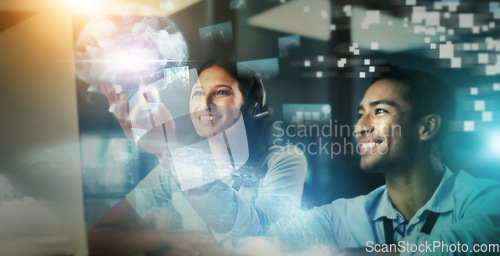 Image of Creative business people, digital transformation and hologram for telemarketing, future or networking at night in double exposure. Happy consultants smiling for big data, innovation or online startup