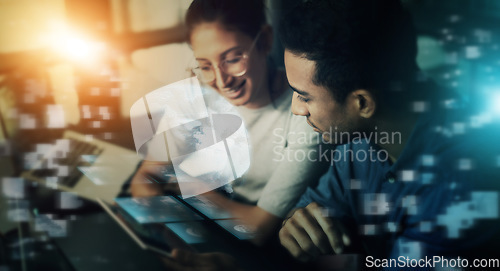 Image of Creative business people, tablet and future networking in planning or collaboration at night in double exposure. Developing team in startup strategy for digital marketing or big data on overlay