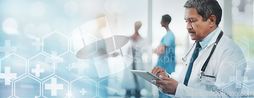 Image of Health in doctor, tablet and technology transformation overlay, digital healthcare system and online medical info. Hospital data, senior physician in medicine mockup, tech innovation and research