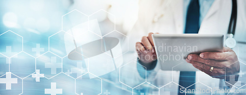 Image of Healthcare, doctor with tablet and technology transformation overlay, digital health system and online medical info. Hospital data, physician hands in medicine mockup, tech innovation and research