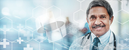 Image of Senior doctor, man and portrait for healthcare overlay for medical insurance or pride in career. Face of professional person or worker with a smile for medicine, health and wellness at a hospital