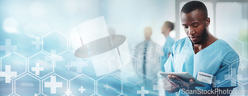 Image of Healthcare, doctor and tablet with tech transformation overlay, digital healthcare system and online medical info. Hospital data, black man in medicine mockup, technology innovation and research