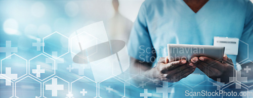 Image of Tablet, medicine and doctor with technology transformation overlay, digital healthcare system and online medical info. Hospital data, health mockup with black man hands, tech innovation and research