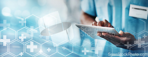 Image of Doctor with tablet, medical and technology transformation overlay, digital healthcare system with online health info. Hospital data, black man hands in medicine mockup, tech innovation and research