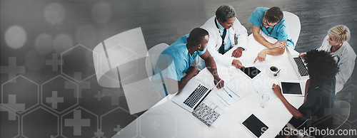 Image of Above, discussion and doctors in a meeting about healthcare, medical agenda and schedule at clinic. Banner, graphic and team of medical employees planning, talking and working on nursing strategy