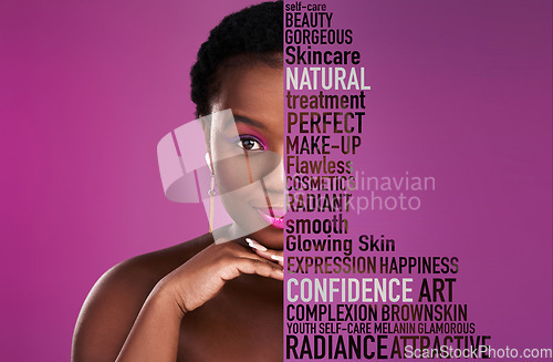 Image of Beauty, skincare and black woman with text overlay for makeup and cosmetics isolated on purple background. Color, portrait and face of african model or person for self love collage or mockup space