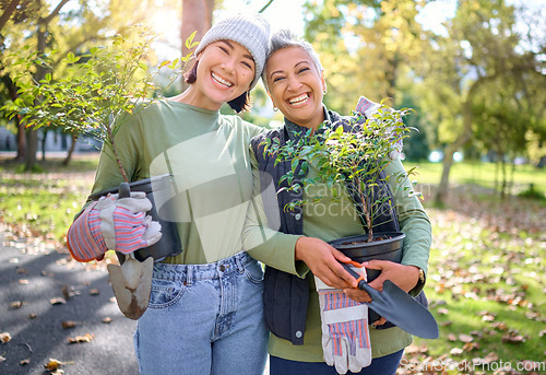 Image of Plants, trees and garden people in portrait for community service, earth day collaboration and eco friendly project. Gardening, growth and happy women in teamwork, spring environment and nature park