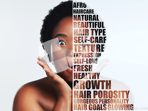 Image of Motivation, quotes and portrait of black woman shocked or excited isolated against a studio white background. Self care, skincare and surprised female with makeup, skin and healthy hair or afro