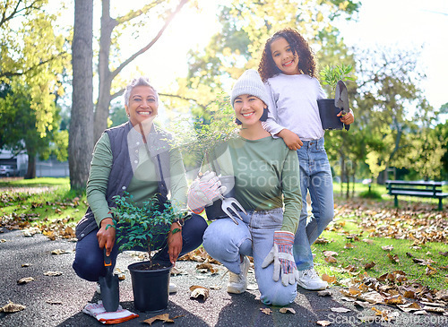 Image of Plants, gardening and portrait of people and child trees growth, eco friendly project and volunteer support or help. Sustainability, learning and women and girl teamwork, community service and park