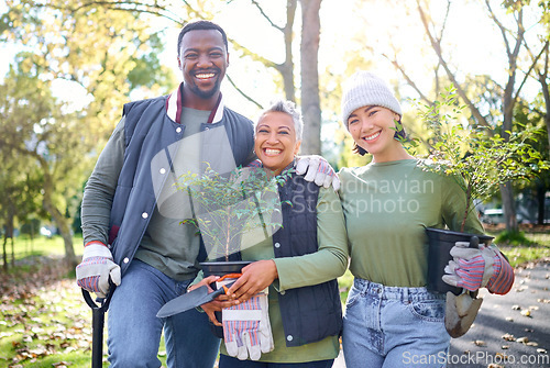 Image of Trees, garden and plants people in portrait community service, sustainability collaboration and eco friendly project. Gardening, sustainable growth and happy worker in teamwork, forest or nature park