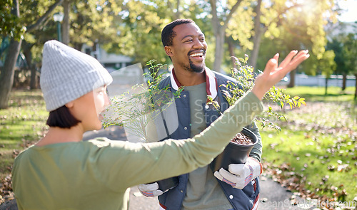 Image of Volunteer team, plant and gardening in a park with trees in nature environment, agriculture or garden. Happy woman and man helping for growth, ecology and sustainability for community on Earth day