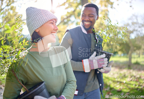 Image of Friends, agriculture and people on a farm happy and holding a plant for growth as sustainability in the environment. Woman, black man and farmer excited for planting in the countryside in nature