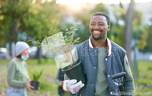 Image of Agriculture, nature and black man with a plant in a park after doing sustainable gardening. Happy, smile and eco friendly African male gardener standing with greenery on outdoor field in countryside.