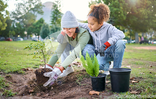 Image of Woman, child and nature park with a plant for gardening trees or agriculture in garden. Happy volunteer family team helping and planting growth, ecology and sustainability for community on Earth day