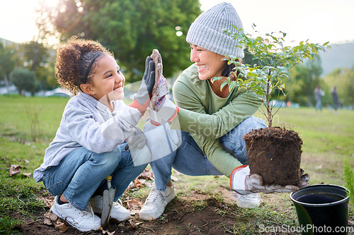 Image of Child, woman and high five for plant gardening at park with trees in nature environment, agriculture or garden. Happy volunteer family celebrate planting for ecology and sustainability on Earth day