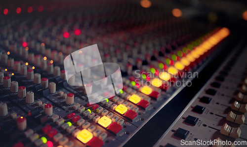 Image of Background of music mixer, sound board and production in radio industry, broadcast or scales in studio. DJ equipment, electronic media and audio engineering machine for recording, volume or equalizer