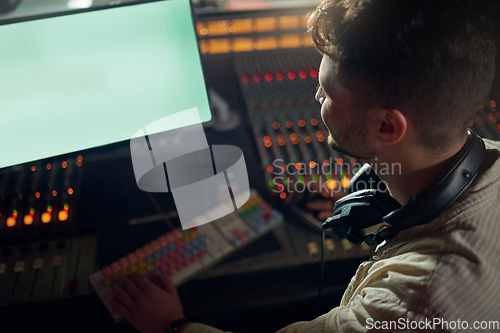 Image of Man, musician or technology mockup screen for music recording, sound mixing or studio song composition. Producer, happy or DJ on digital computer for mock up ideas of radio, audio logo or media album