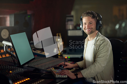 Image of Portrait, smile or music recording headphones in sound engineering, edm or song composition in production studio. Musician, DJ or happy man on technology in live streaming radio, audio or media album