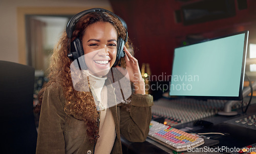 Image of Portrait, musician and technology mockup screen for music recording, sound mixing or studio song composition. Producer, happy or woman DJ on computer for mock up radio, audio logo or media album app