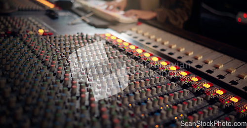Image of Background of sound mixer, control room and board in production studio of radio, broadcast or scales. Panel equipment, electronic music or audio engineering machine of recording, volume and equalizer