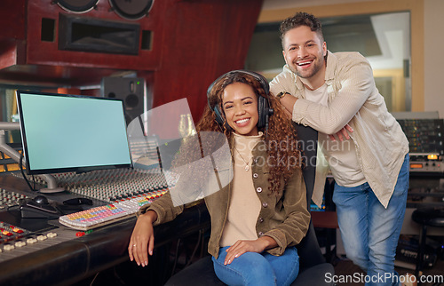 Image of Portrait, smile or music recording teamwork with sound engineering headphones in edm studio or song composition. Musicians, friends or happy people on technology in radio, audio or media production