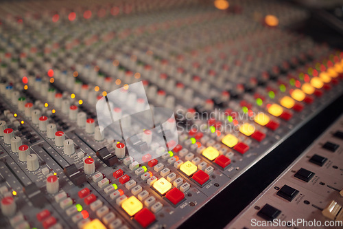 Image of Background lights on radio mixer, sound board and production in music industry, broadcast or scales in studio. Electric equipment, electronic media and audio engineering for recording, deck or switch