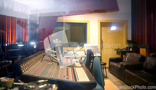Image of Music, studio and production with audio equipment in an empty room for the entertainment industry. Interior, creative and recrding with musical electronics to produce, enhance or control sound