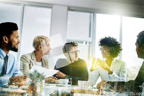 Image of Overlay, business and staff in meeting, future and conversation for collaboration, partnerships and new project. Employees talking, hologram or consultants brainstorming, futuristic or corporate deal