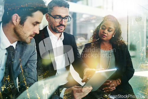 Image of Planning, tablet and people with digital overlay for corporate strategy, collaboration and teamwork in finance. Stock market research, data analytics and business manager or employees in city office