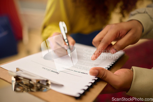 Image of Contract, client hands and legal document of terms of use agreement with lawyer consultant. Signature, paperwork and assets policy of woman reading to sign documents with pen at a consulting meeting